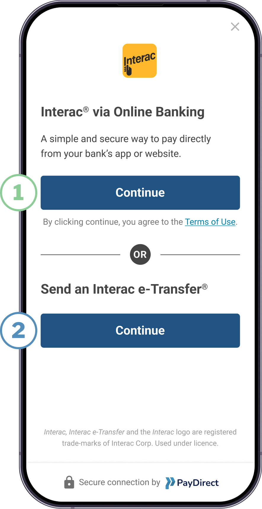 Mobile device showing the two ways you can pay with Interac