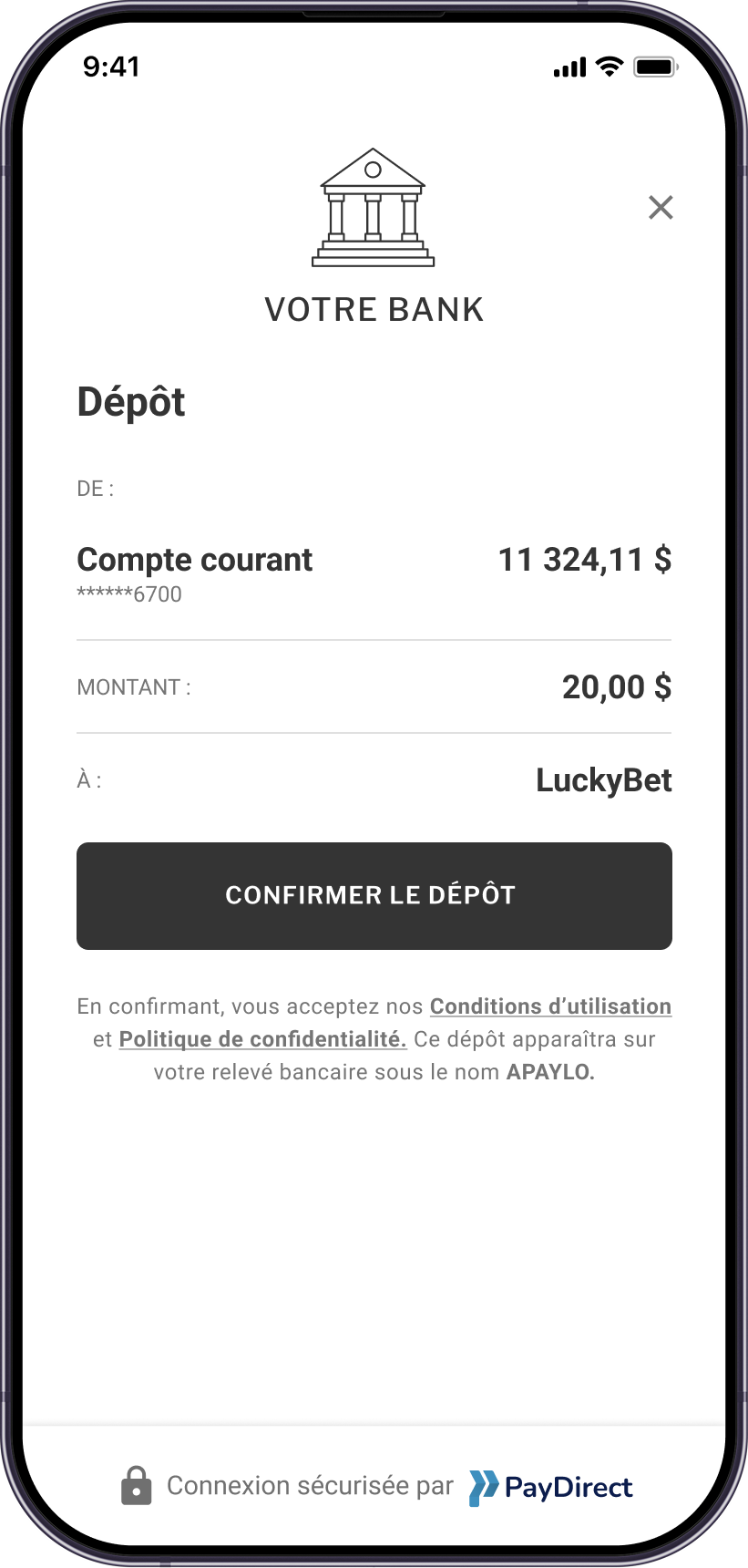 Téléphone affichant l'écran de confirmation du dépôt
