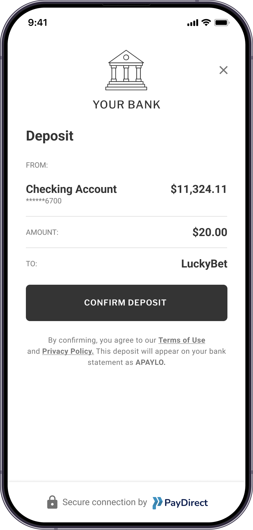 Phone displaying deposit confirmation screen
